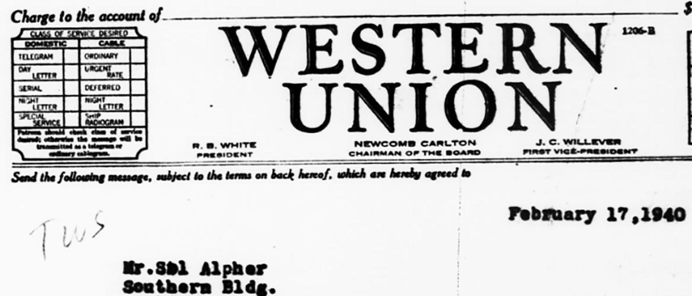 Baldwin, Roger N., Telegram, February 17, 1940, in Correspondence-Federal Legislation: Alien Legislation, Volume 2073.