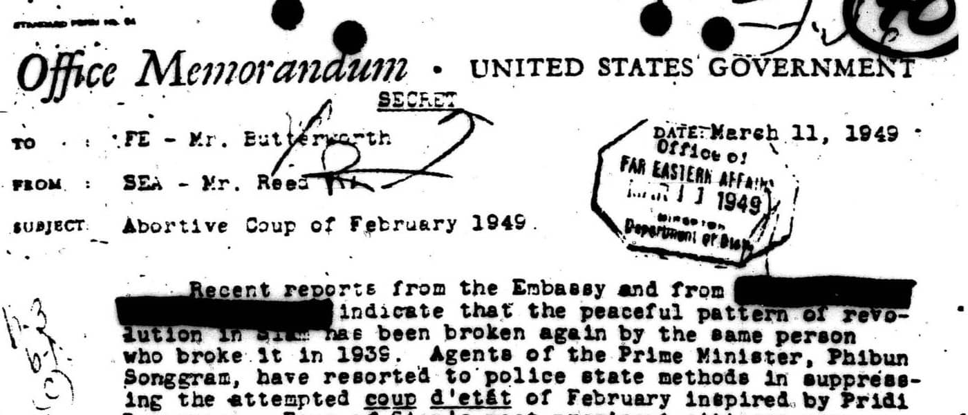 54-D-190: Records Of The Philippine And Southeast Asian Division, 1944 - 1952, Southeast Asia-Regional, Country Files, Thailand (1938-1952): Political, External: Internal Politics, 1947 - 1949. 1947 - 1949. MS U.S. Relations and Policies in Southeast Asia, 1944-1958: Records of the Office of Southeast Asian Affairs. National Archives (United States). Archives Unbound, link.gale.com/apps/doc/SC5105204109/GDSC?u=asiademo&sid=bookmark-GDSC&xid=ba1bcb1c&pg=7.