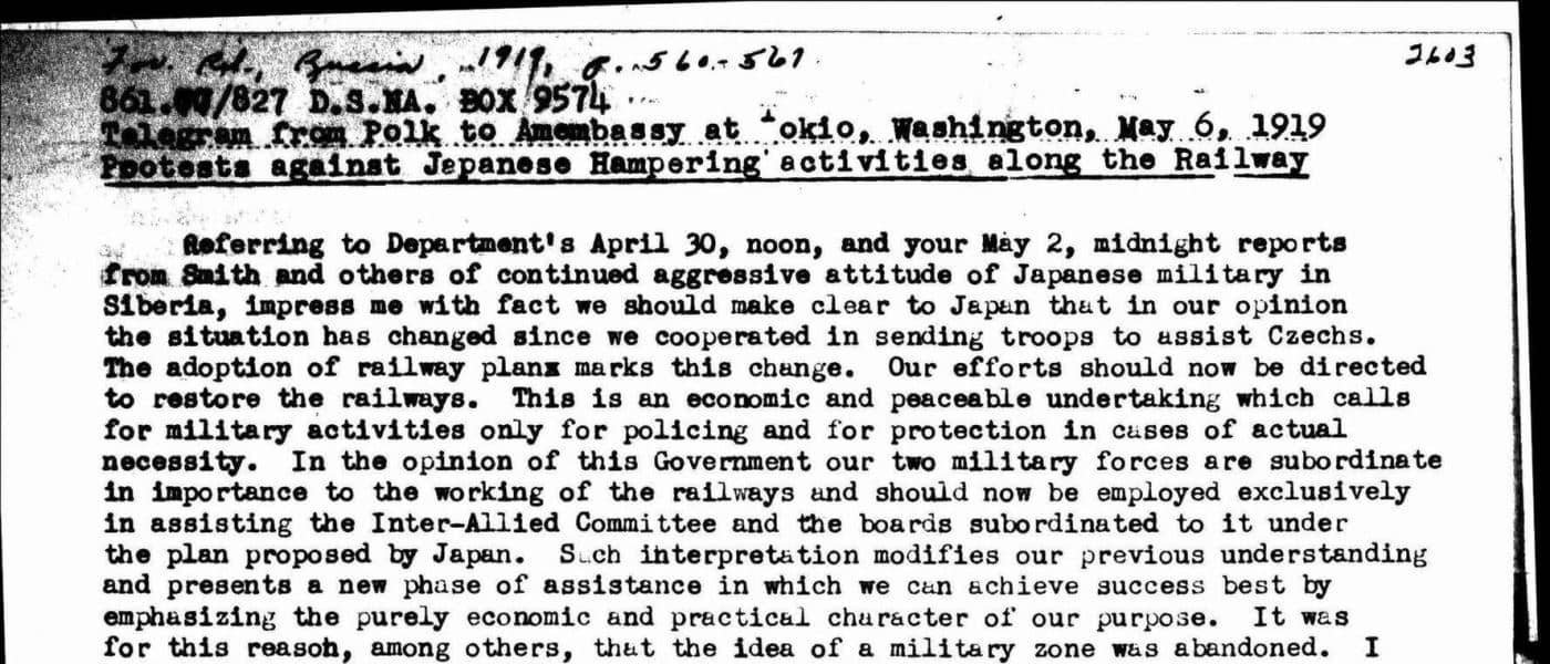 6295, Acting Secretary of State (Polk) to American Embassy at Tokyo. 6 May 1919. TS United States and the Russian Civil War: The Betty Miller Unterberger Collection of Documents 6295. Betty Miller Unterberger. Archives Unbound, link.gale.com/apps/doc/MQXXWF835794461/GDSC?u=asiademo&sid=bookmark-GDSC&xid=e0aaca93&pg=2. Accessed 11 Oct. 2024.