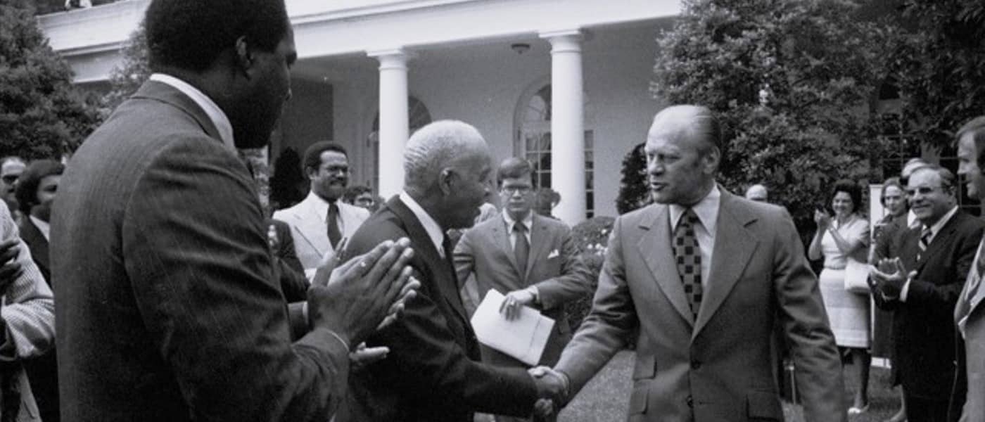 President Gerald R. Ford Greeting Roy Wilkins, Vernon Jordan, and Others Prior to the Signing Ceremony for H.R. 6219, Extending the Voting Rights Act of 1965 - NARA https://nara.getarchive.net/media/president-gerald-r-ford-greeting-roy-wilkins-vernon-jordan-and-others-prior-f48738