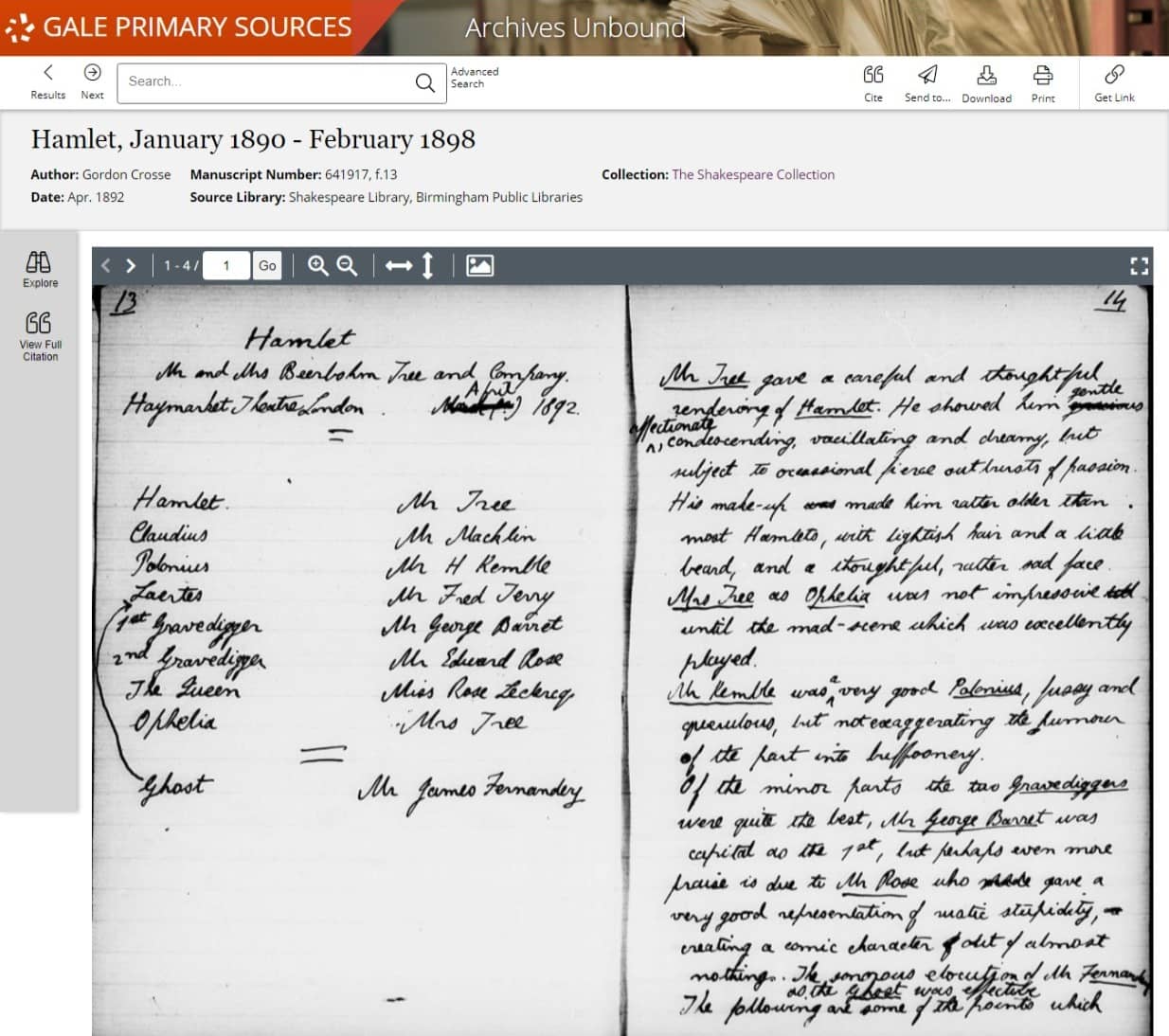 Crosse, Gordon. Hamlet, January 1890 - February 1898. Apr. 1892. MS Shakespeare: Plays, Prompt Books: Shakespeare: Plays, Prompt Books 641917, f.13. Shakespeare Library, Birmingham Public Libraries.