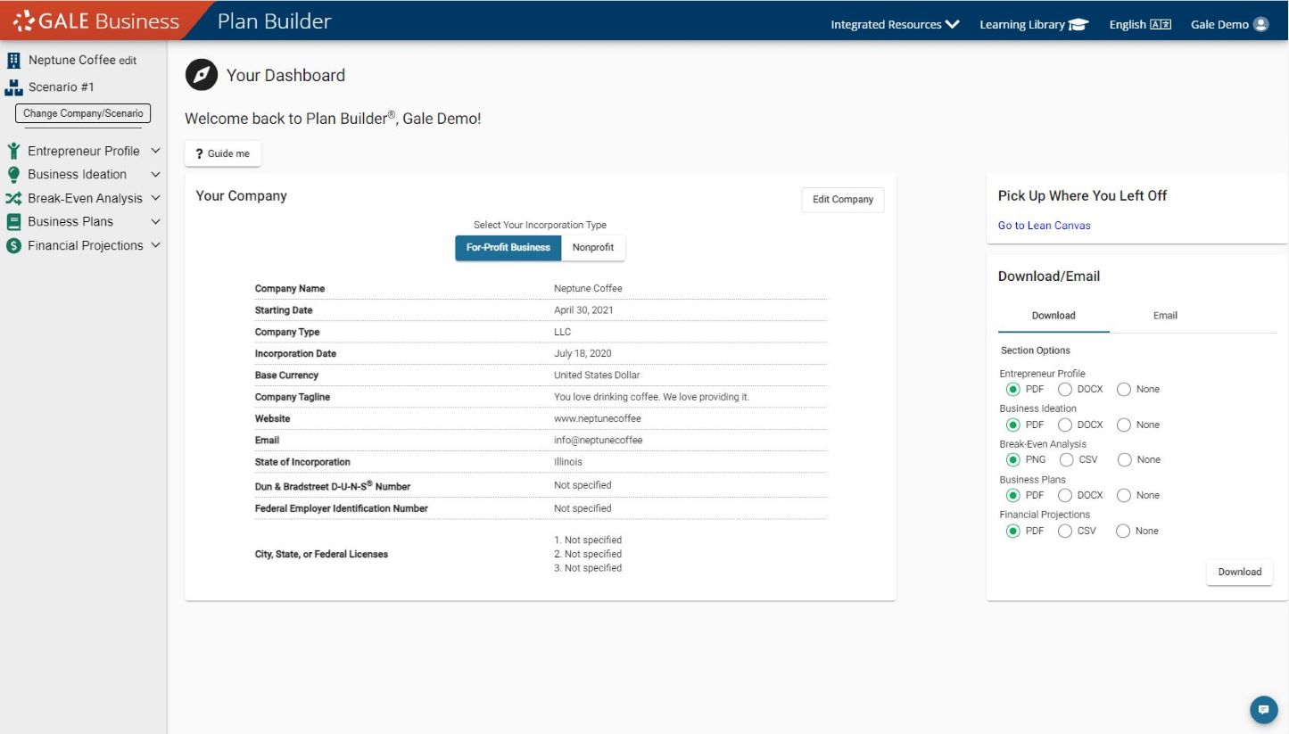 Gale Business: Plan Builder Intuitive Dashboard