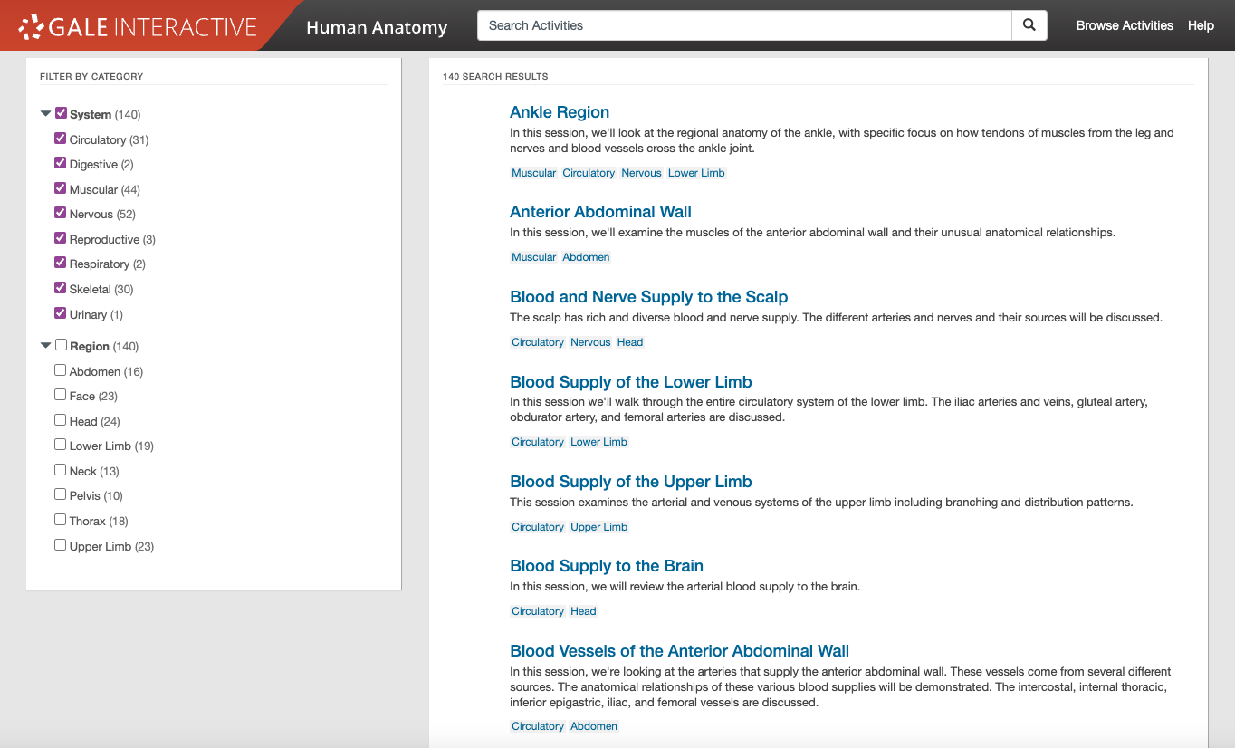 Gale Interactive: Human Anatomy search results