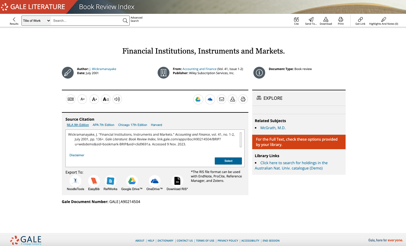 Gale Literature: Book Review Index content page