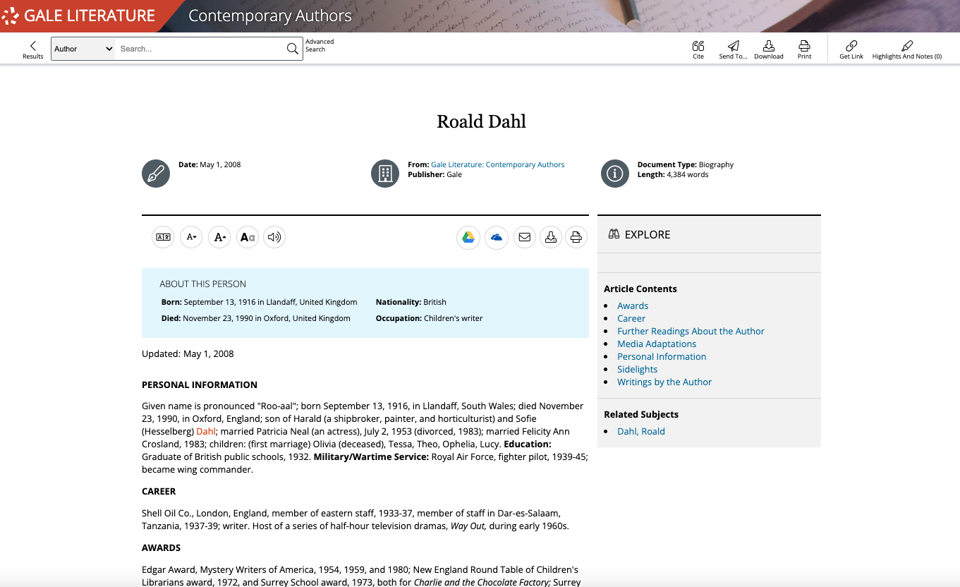 Gale Literature: Contemporary Authors content page