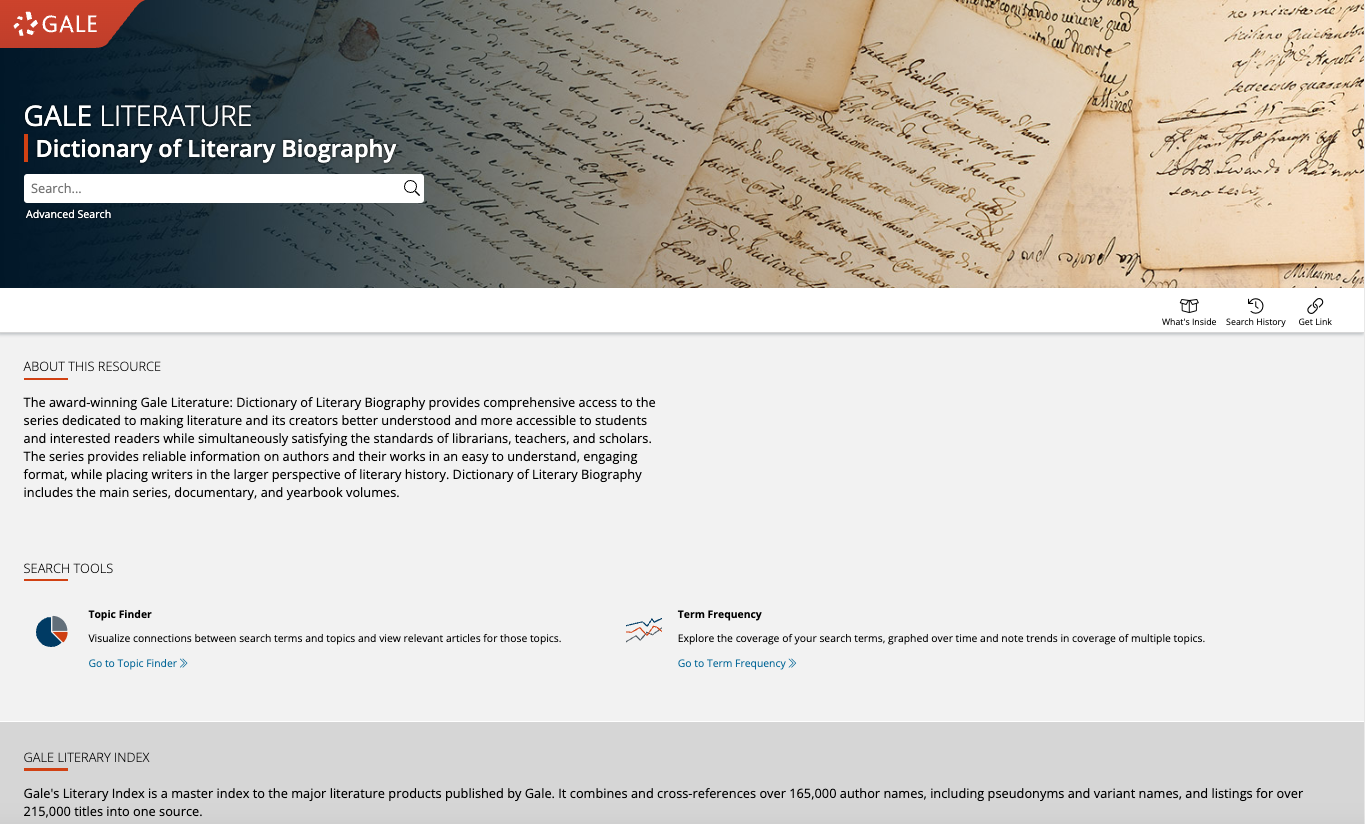 Gale Literature: Dictionary of Literary Biography home page screenshot