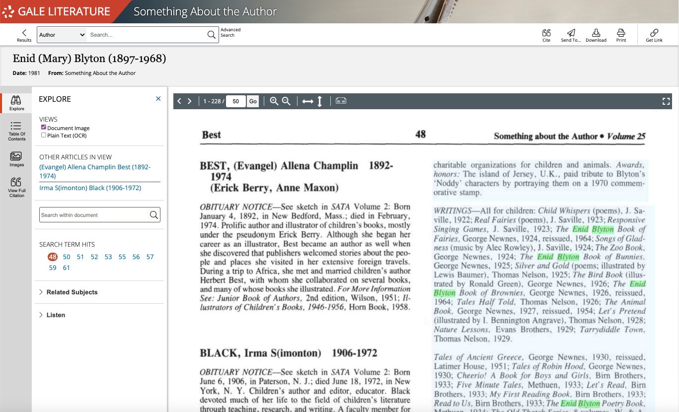 Gale Literature: Something About the Author content page.