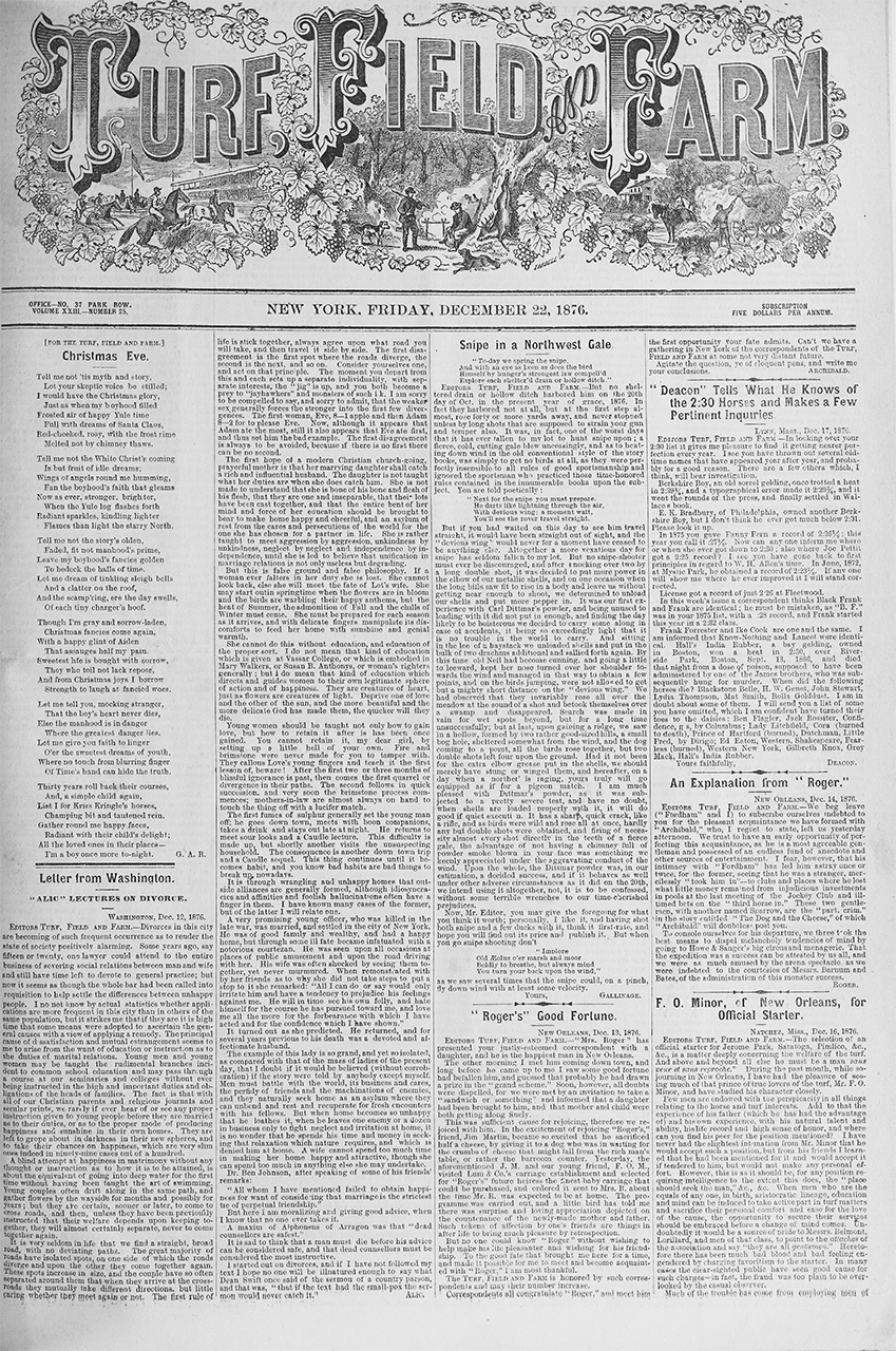 Turf, Field and Farm, vol. 23, no. 25, 22 Dec. 1876.