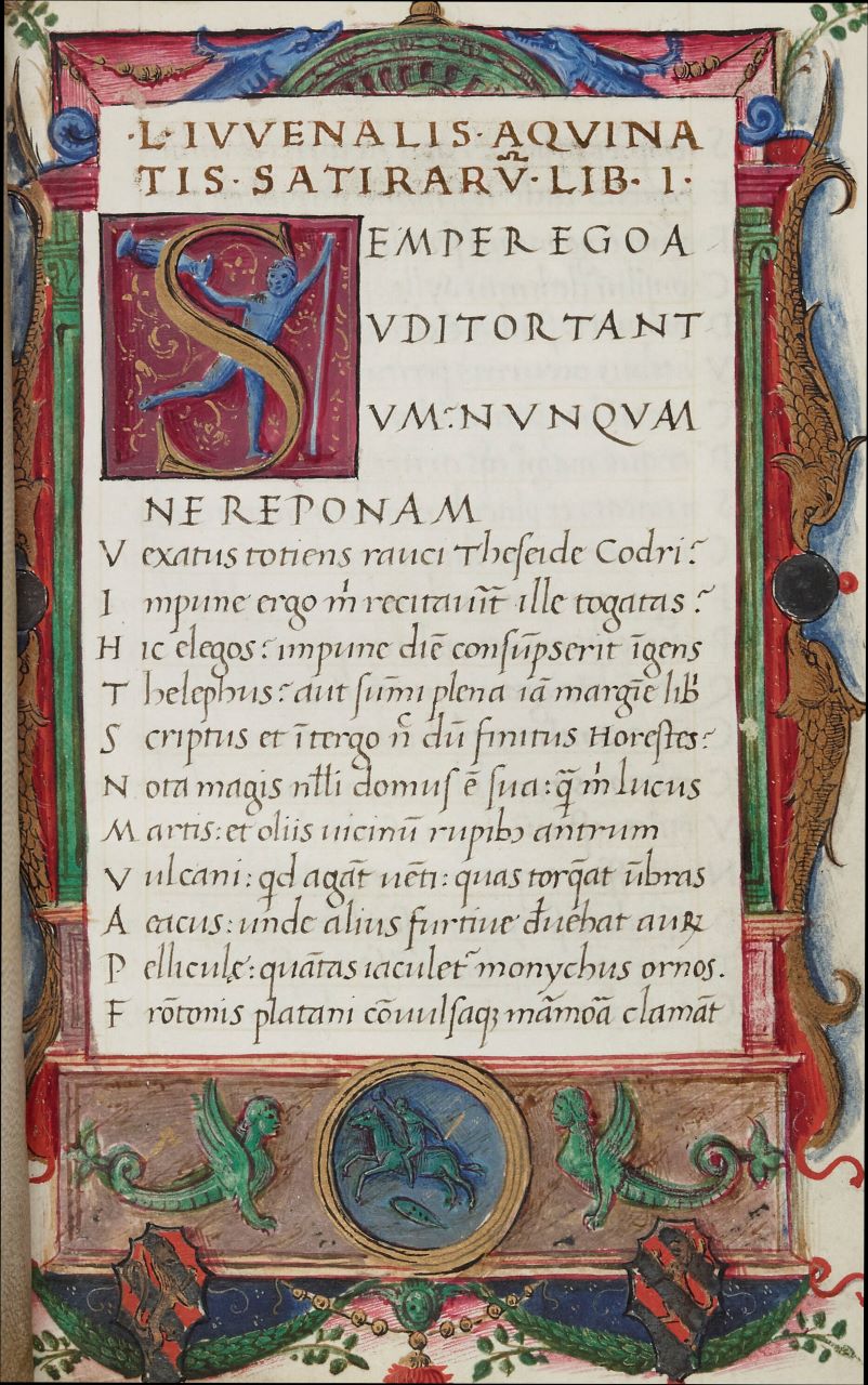 Juvenal, Persius, &c., viz:-. 1 L. (Sic, for D. Iuni) Iuuenalis Aquinatis Satirarum Liber i (-xvi). Wants the Following Lines:- iv. 23, vi. 126, viii. 7, x. 13-14 ('Census … Britannica'), xi. 165, 166, xvi. 21. Late 15th century. MS King's Manuscripts Kings MS 28. British Library. Archives Unbound, link.gale.com/apps/doc/AMNXDW185521411/GDSC?u=asiademo&sid=bookmark-GDSC&xid=8e716887&pg=1.