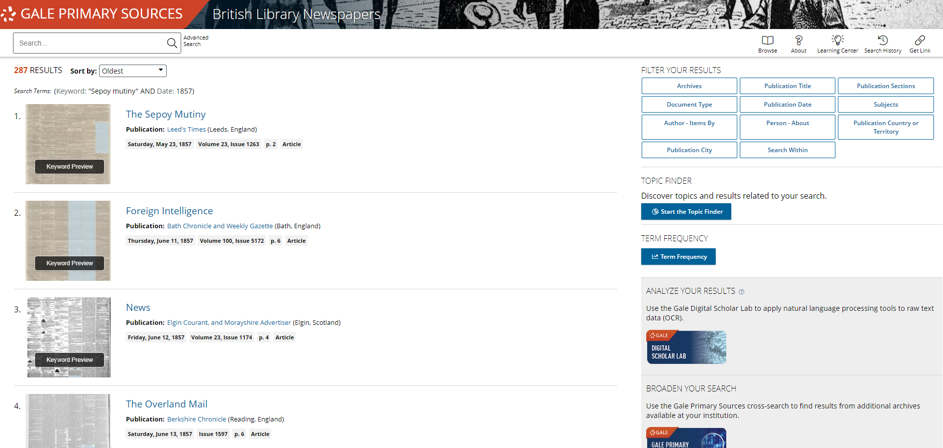 Screen capture of the search results page in British Library Newspapers