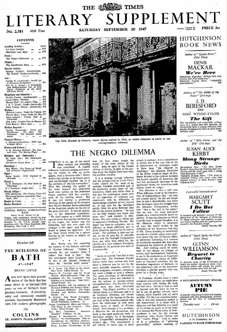 20 September 1947 – Denis Brogan’s ‘The Negro Dilemma’