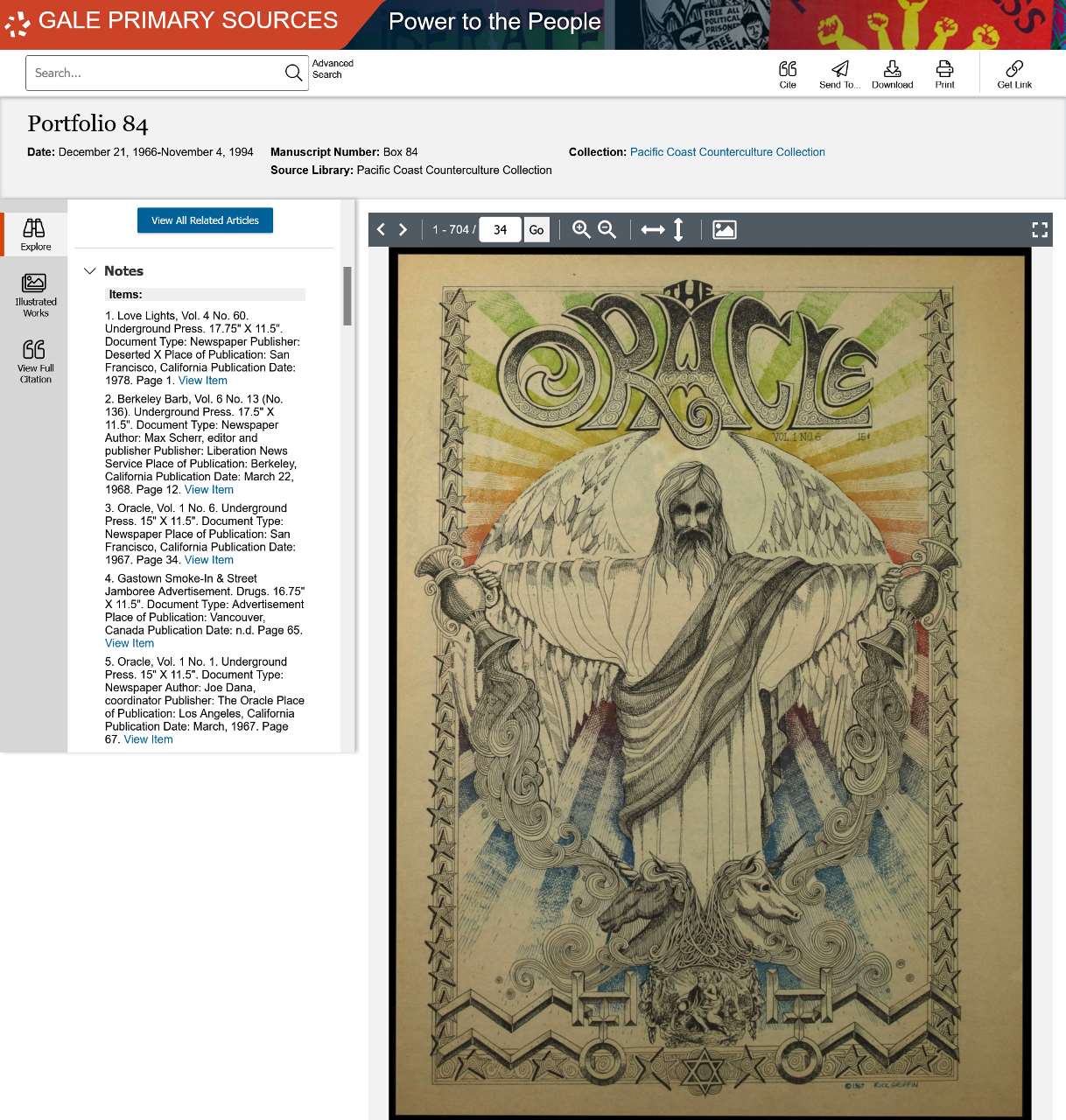 Portfolio 84. December 21, 1966-November 4, 1994. MS Pacific Coast Counterculture Collection Box 84. Pacific Coast Counterculture Collection. Power to the People, link.gale.com/apps/doc/GGJAXT173653681/POPC?u=asiademo&sid=bookmark-POPC&xid=6a75b042&pg=34.