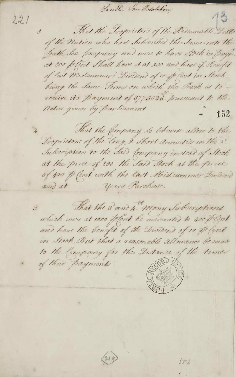 Resolutions reached by the South Sea Company, September 1720. SP 35/23 f. 152. Reproduced by kind permission of The National Archives of the UK