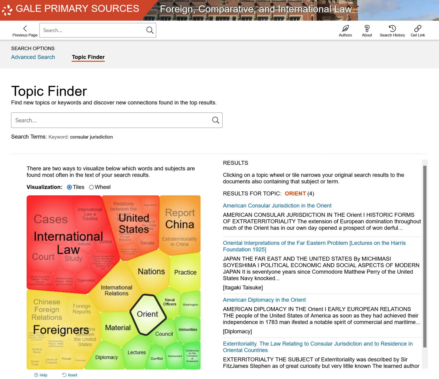 The Making of Modern Law: Foreign, Comparative, and International Law, 1600-1926のTopic Finder機能
