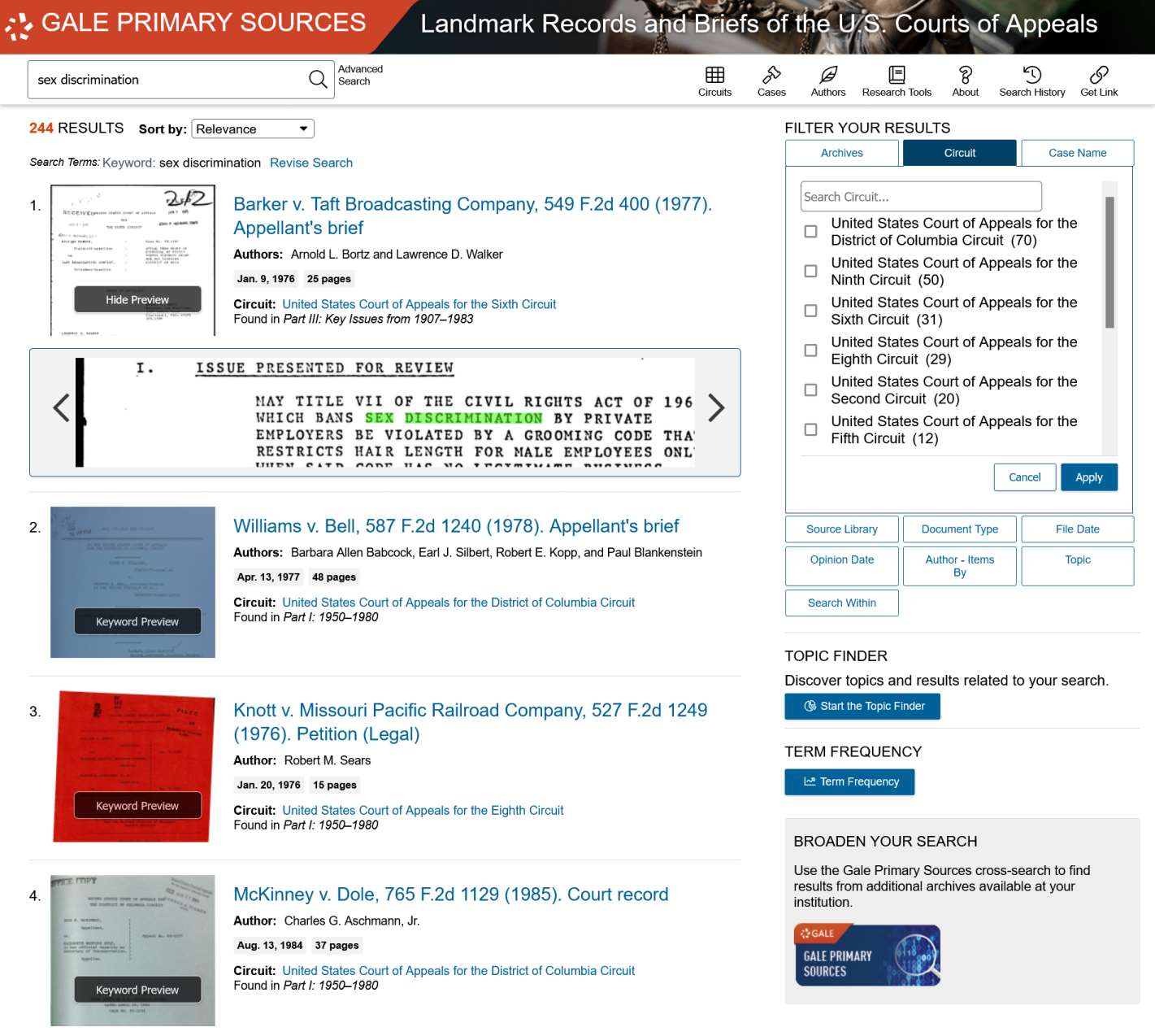 Making of Modern Law: Landmark Records and Briefs of the U.S. Courts of Appealsの検索結果画面