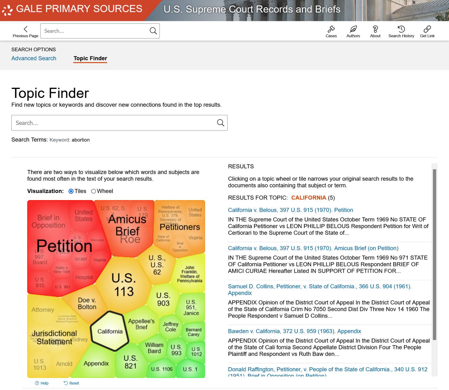 The Making of Modern Law: U.S. Supreme Court Records and Briefs, 1832-1978 のTopic Finder機能